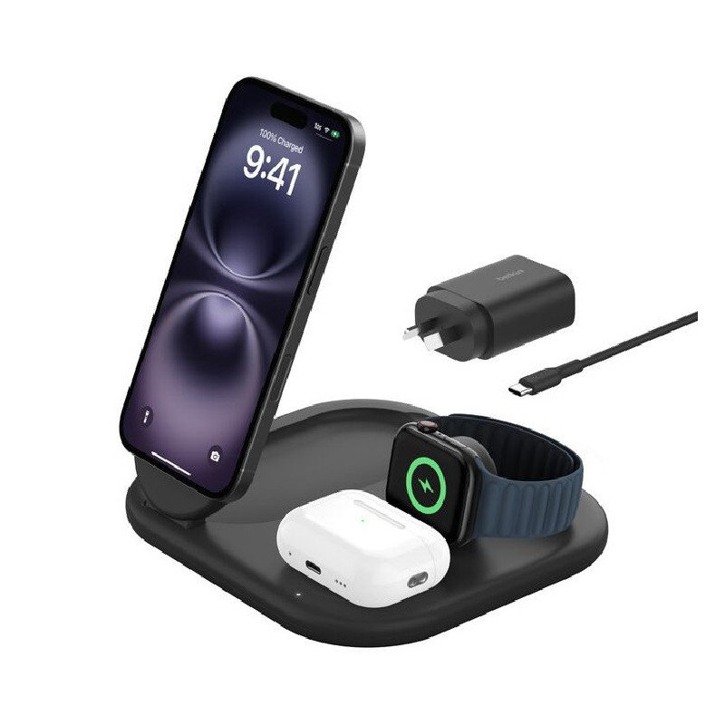 Belkin BoostCharge 3-in-1 Magnetic Foldable Qi2 Wireless Charger 15W   36W Wall Charger   USB-C Cable (1.5M) - Black (WIZ029a