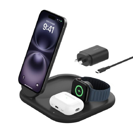 Belkin BoostCharge 3-in-1 Magnetic Foldable Qi2 Wireless Charger 15W   36W Wall Charger   USB-C Cable (1.5M) - Black (WIZ029a