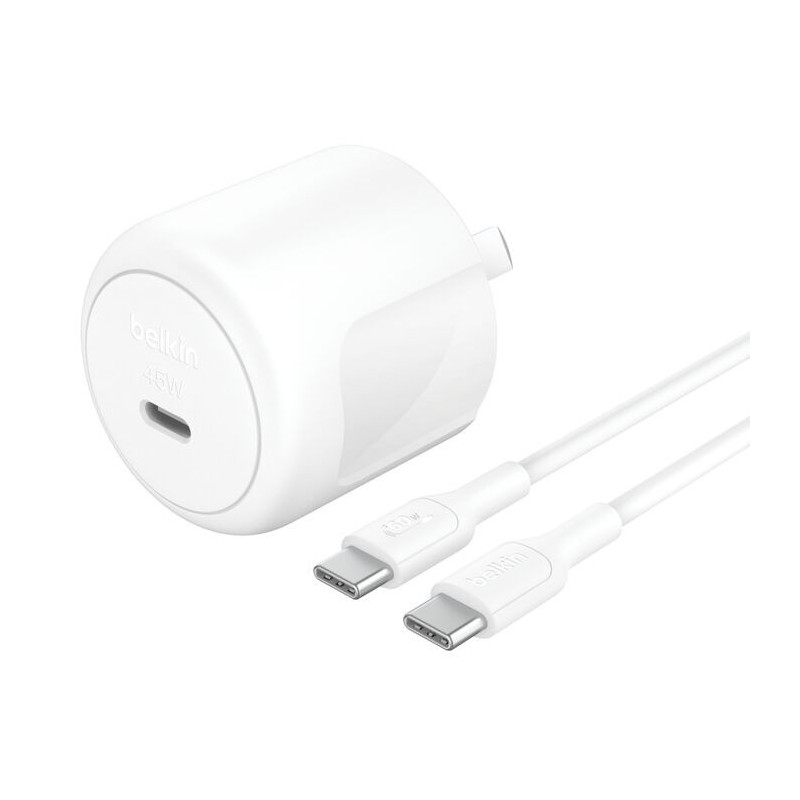 Belkin BoostCharge Compact 45W USB-C PD 3.1 Wall Charger   USB-C to USB-C Cable 60W (1M) - White (WCA013au1MWH-B6),Safe & Eff
