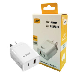 USP 30W Dual Ports (30W USB-C PD   18W USB-A QC3.0) Fast Wall Charger - White, Safe Charge,Charge 2 Devices Simultaneously, 2