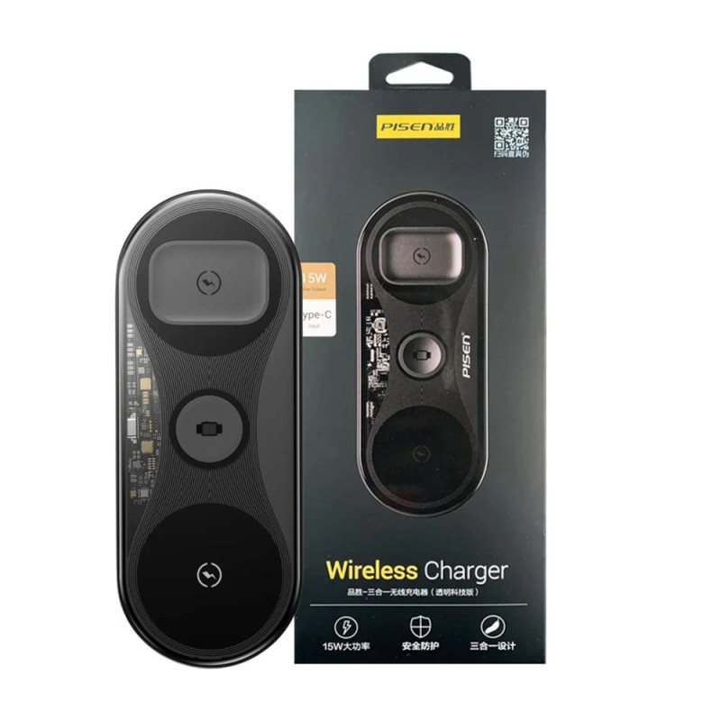 Pisen 3-in-1 Wireless Charger - Black, High-Speed Charging, Support Simultaneous Charging, Multiple Power Outputs, Multiple P