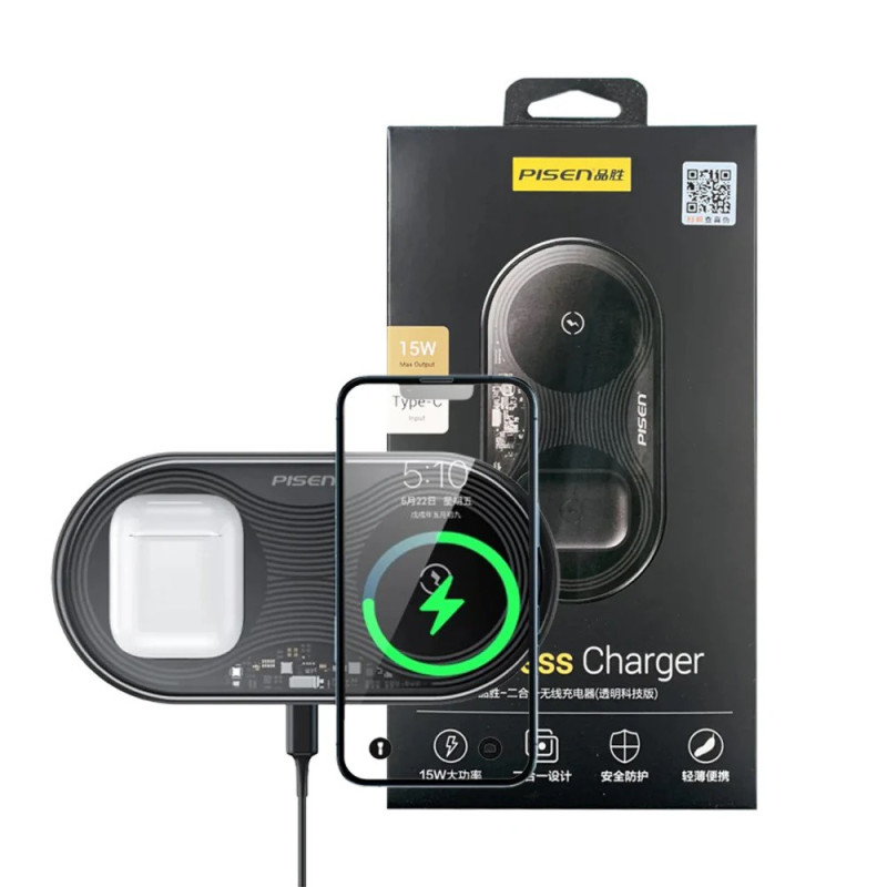 Pisen 2-in-1 Wireless Charger - XY-C18/Black, High Speed Charging, Support Simultaneous Charging, Type-C Universal Interface,