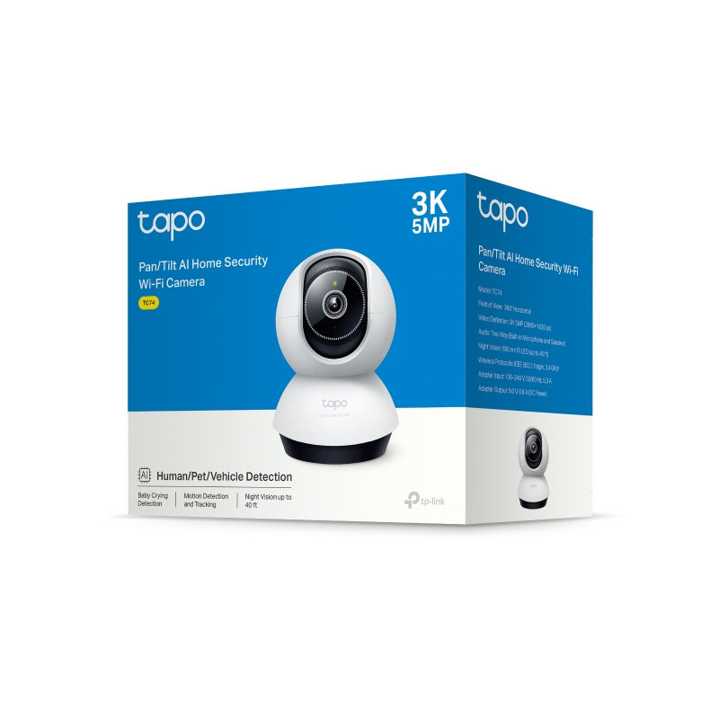 TP-Link TC74 Pan/Tilt AI Home Security Wi-Fi Camera , 3K 5MP (2880×1620), 2.4 GHz, Horizontal 360º