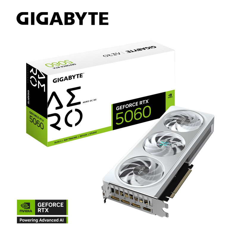 Gigabyte GeForce RTX™ 5060 AERO OC 8G, 2595 MHz, CUDA 3840, 28 Gbps, GDDR7,  128 bit, PCI-E 5.0, PSU 500W, DisplayPort 2.1b