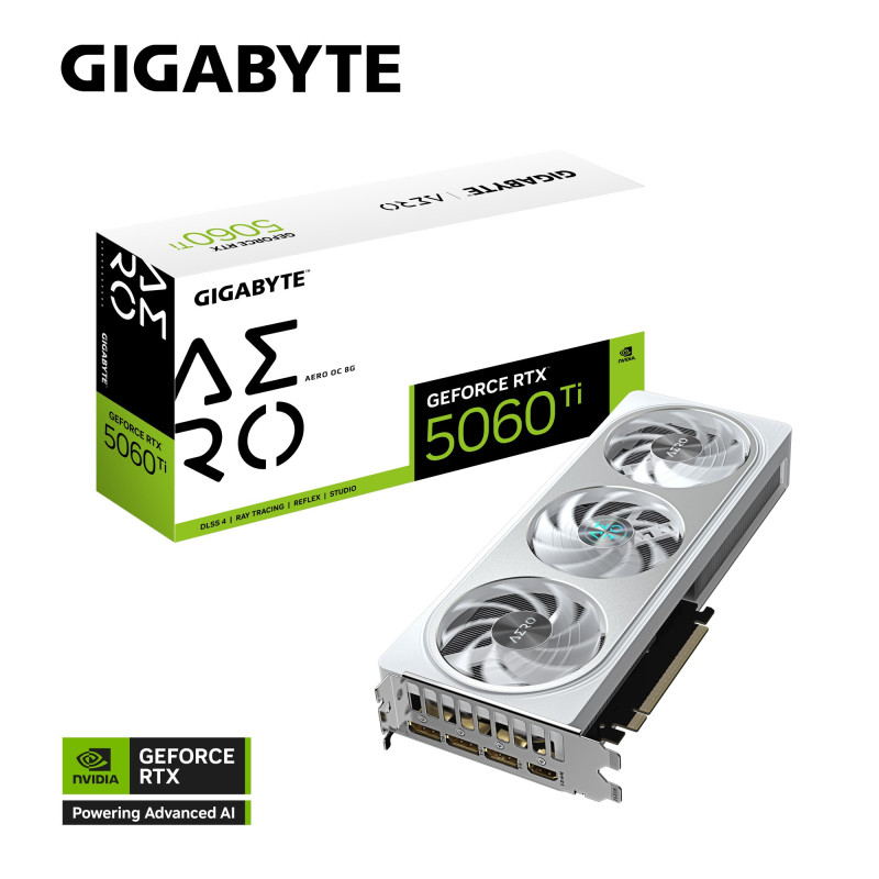 Gigabyte GeForce RTX™ 5060 Ti AERO OC 8G, 2647 MHz, CUDA TBD, 28 Gbps, GDDR7, 128 bit, PCI-E 5.0, PSU 650W, DisplayPort 2.1
