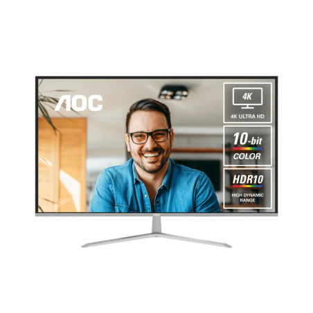 AOC 31.5' 4K Monitor – UHD 3840×2160 @60Hz, VA panel, 4ms GtG, 124% sRGB, DP 1.4, HDMI 2.0, 1.07B colors, Delta E[2, tilt 