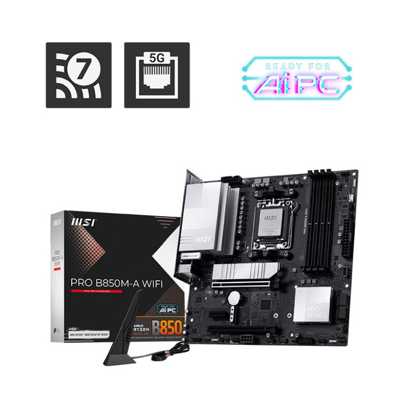 MSI PRO B850M-A WIFI, AM5, 4x DDR5 256GB, 1x HDMI, 1x PCI-E x16 slot, 3x M.2,4x USB2.0, 3x USB C, Wi-Fi 7