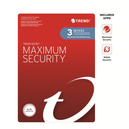 Trend Micro Maximum Security Plus (3 Devices) 1 Year Add-on Auto Renew OEM (Plus  eq  Secure VPN / Cleaner Pro)