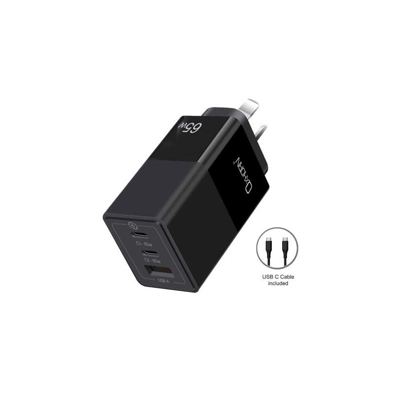 Oxhorn 65W GaN Type C fast Charger 3 Port 2xUSB-C 1xUSB-A PD3.0 QC4.0 PPS AUS Approved C-tick Black with 1m cable