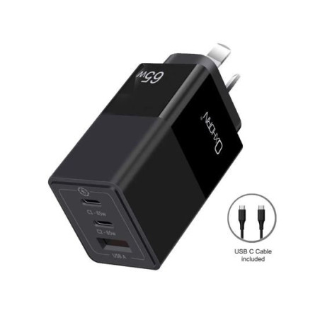 Oxhorn 65W GaN Type C fast Charger 3 Port 2xUSB-C 1xUSB-A PD3.0 QC4.0 PPS AUS Approved C-tick Black with 1m cable