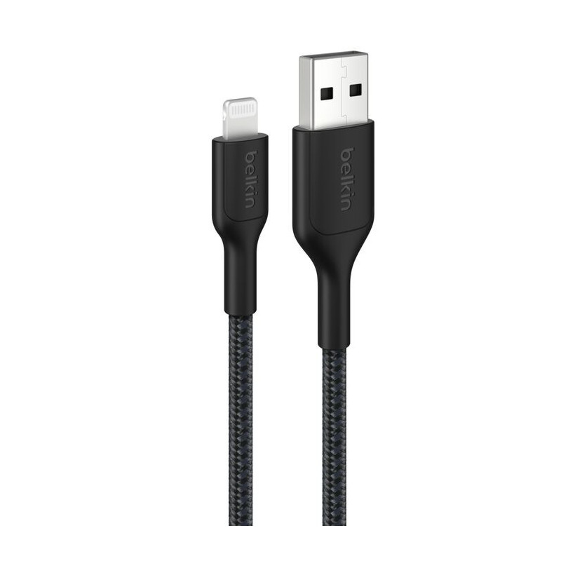 Belkin BoostCharge Pro Braided Lightning to USB-A Cable (2M) - Black (CAA020FQ2MBK), 2.4A/15W, 480Mbps, 350K Bends, MFI-Certi