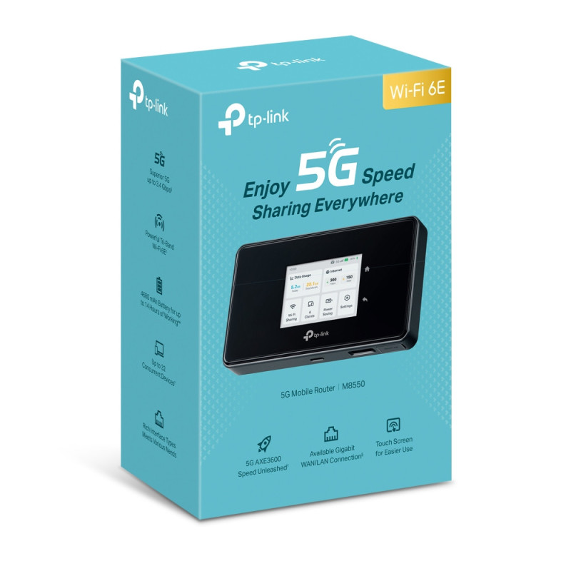 TP-Link M8550 5G Mobile Wi-Fi, 2880 Mbps at 6 GHz or 2880 Mbps at 5 GHz 688 Mbps at 2.4 GHz, 5G 3.4Gbps/900Mbps, 4G Cat19 1.6
