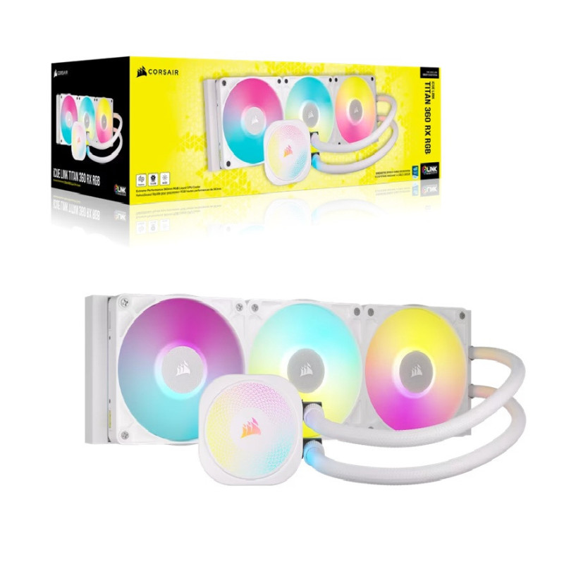 Corsair iCUE LINK TITAN 360 RX RGB AIO Liquid CPU Cooler - White: 73.5 CFM, 2100 RPM, Aluminum Radiator, Copper Cold Plate, I