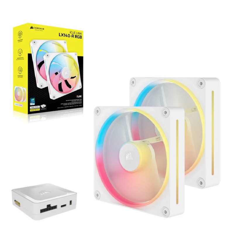 Corsair iCUE LINK LX140-R RGB 140mm PWM Reverse Fans Starter Kit Dual Pack -White: 90.6 CFM, 2000 RPM, 38.3 dBA, 0.45A, Stati