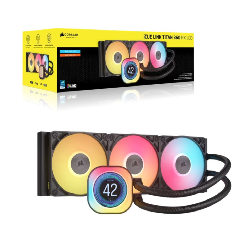 Corsair iCUE LINK TITAN 360 RX LCD Liquid CPU Cooler - Black: 73.5 CFM, 2100 RPM, 36 dBA, Aluminum Radiator, Copper Cold Plat