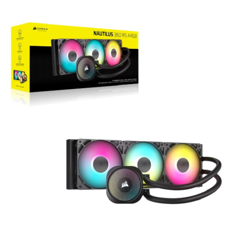 Corsair NAUTILUS 360 RS ARGB Liquid CPU Cooler, Aluminum Rad, Copper Cold Plate, PWM Fan Control, 1700 RPM, 360mm rad, 450mm 
