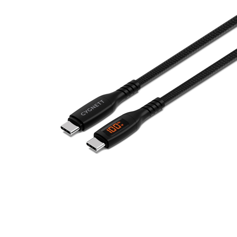 Cygnett Unite Intelli USB-C to USB-C Cable with LED Display (1M) - Black (CY5507PCCCC), 100W, 480Mbps Transfer, Fast Charge, 