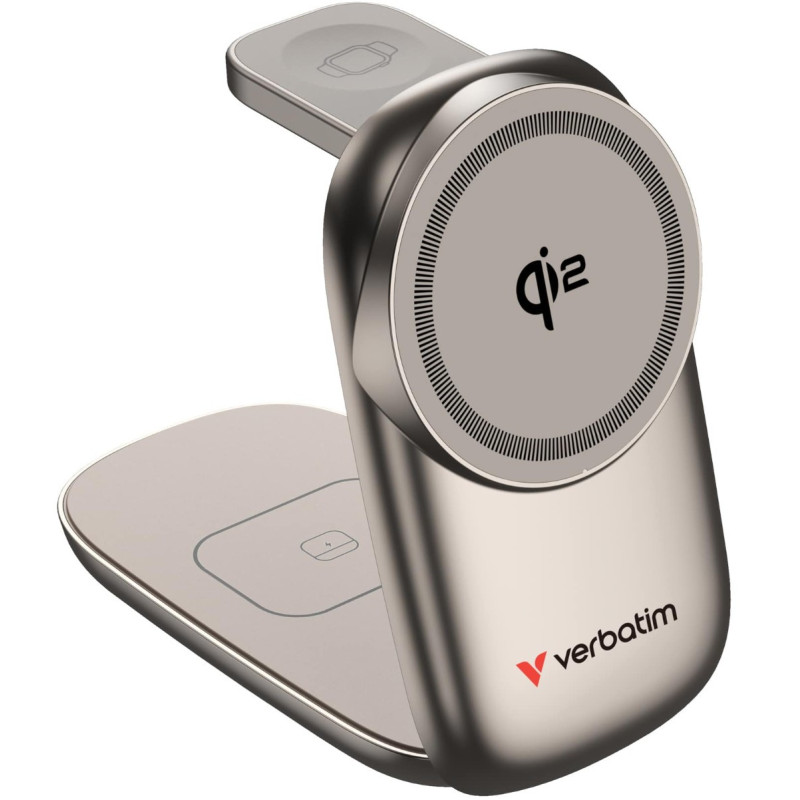 Verbatim 3 in 1 Wireless Docking Qi2 Certified, Magnetic Wireless Charging. 2.5W/5W/15W