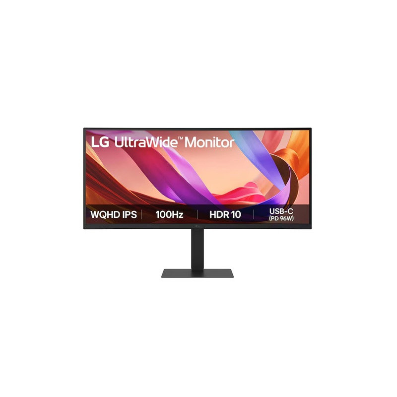LG 34' UltraWide 21:9 WQHD Curved IPS Monitor with 3440x1440 resolution, sRGB 99%, HDR10, 100Hz, 5ms response, and tilt/heigh