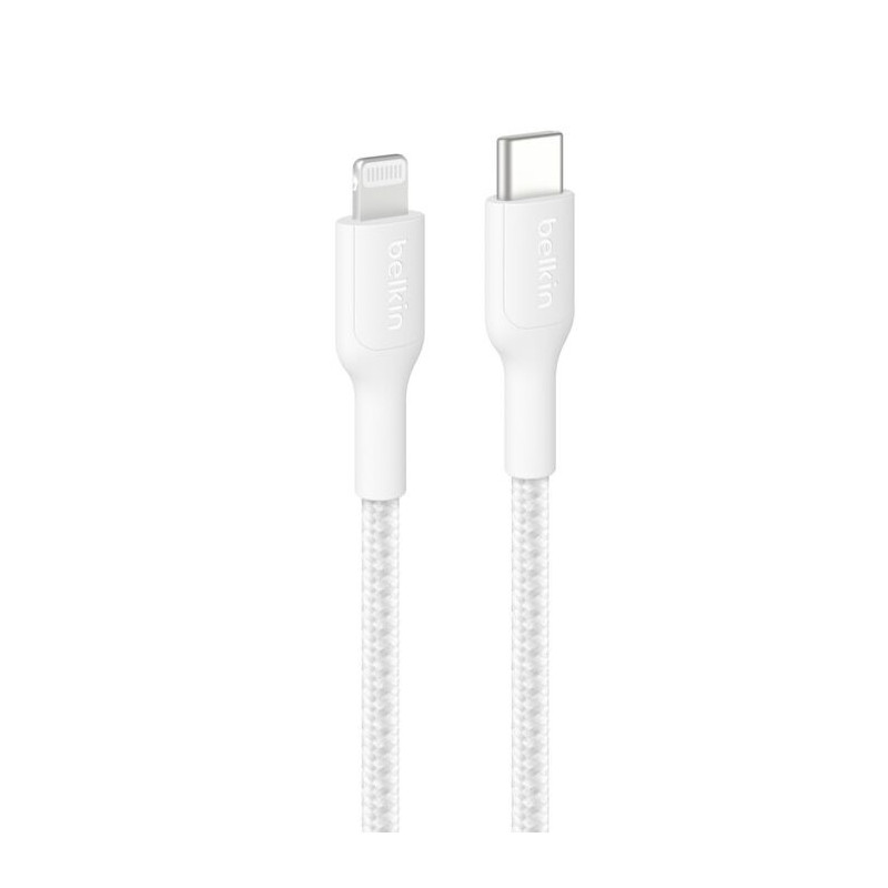 Belkin BoostCharge Pro Braided Lightning to USB-C Cable (2M) - White (CAA022fq2MWH), 3A/15W, 480Mbps,350K  Bends,Apple, MFI-C