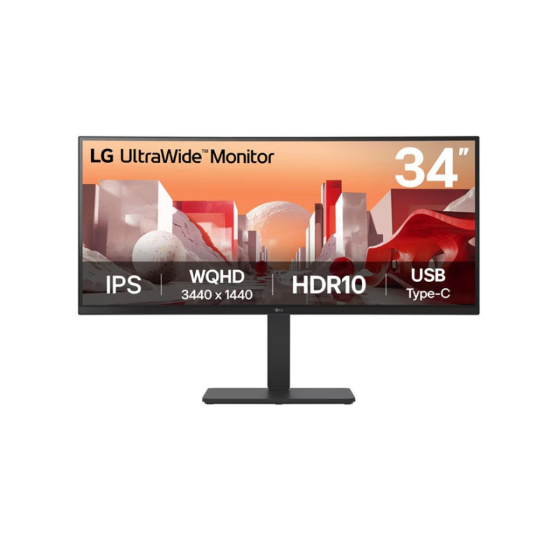 LG 34' UltraWide QHD Curved IPS Monitor with HDR10, sRGB 99%, USB-C PD 90W, RJ45, built-in speakers, and tilt/height/swivel a