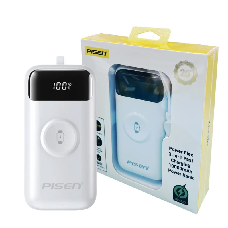 Pisen Flex 22.5W CCC-Certified 10K (10000mAh) Power Bank   Integrated Cable (Lightning   USB-C)   Watch Wireles Charging - Wh
