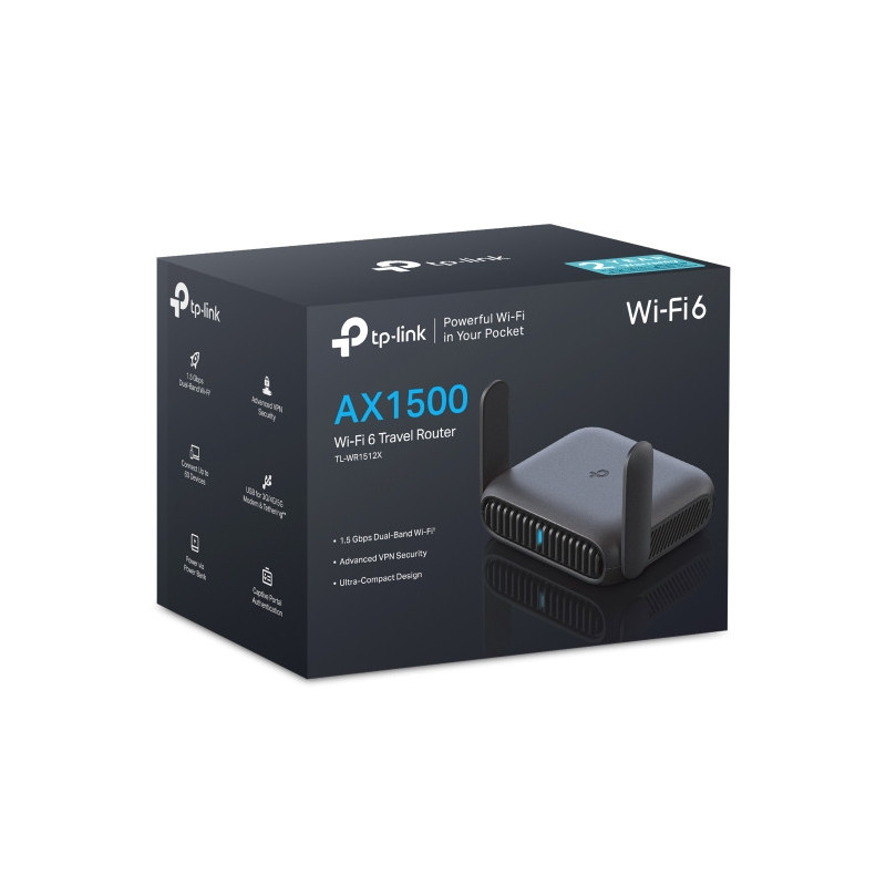 TP-Link TL-WR1512X AX1500 Wi-Fi 6 Travel Router with AX1500 dual-band, multi-mode (AP/RE/Hotspot), USB tethering, Gigabit por