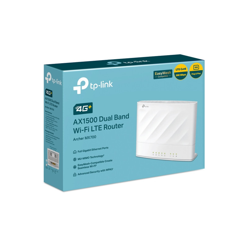 TP-Link Archer MX700 4G  AX1500 Dual Band Wi-Fi LTE Router with Cat6 300 Mbps 4G , AX1500 dual-band, nano SIM, 1×WAN/LAN   3