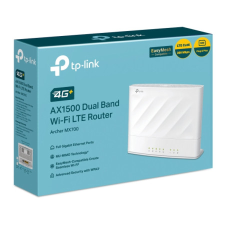 TP-Link Archer MX700 4G  AX1500 Dual Band Wi-Fi LTE Router with Cat6 300 Mbps 4G , AX1500 dual-band, nano SIM, 1×WAN/LAN   3
