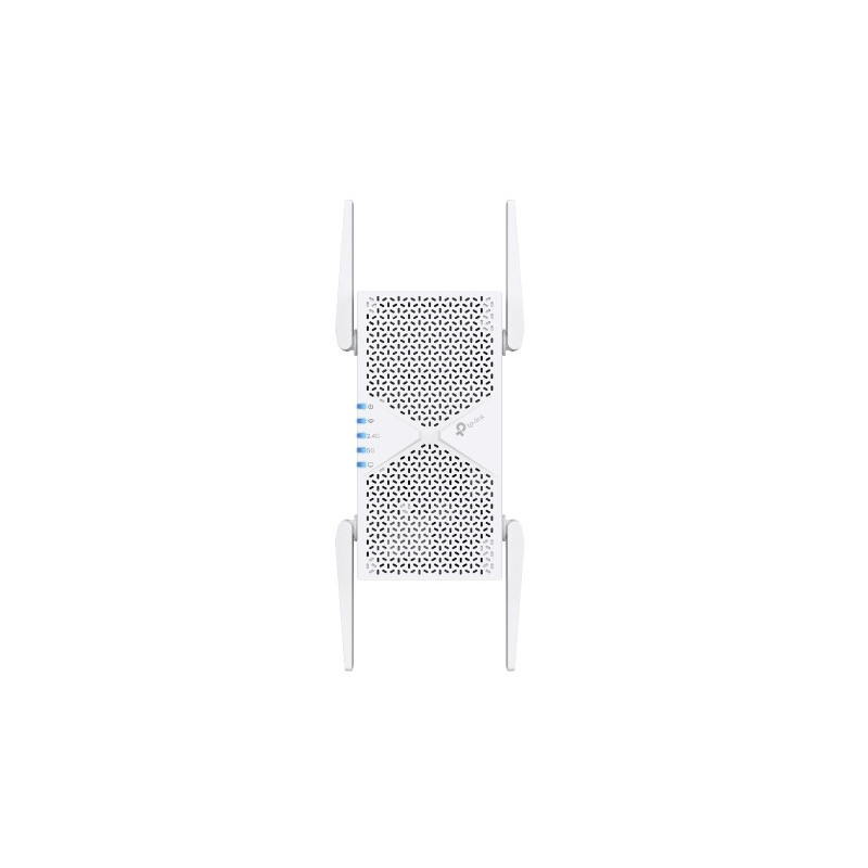 TP-Link RE405BE BE6500 Dual-Band Wi-Fi 7 Range Extender with BE6500 speeds, MLO, 160MHz, 4× antennas, EasyMesh, and 2.5G Eth