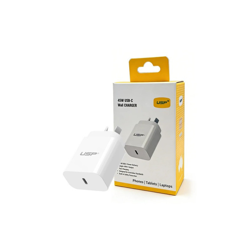 USP 45W GaN Single USB-C PD Power Adapter - White, Compact Design, Smart and Reliable, Built-in Safety Protection, 3 Years Wa