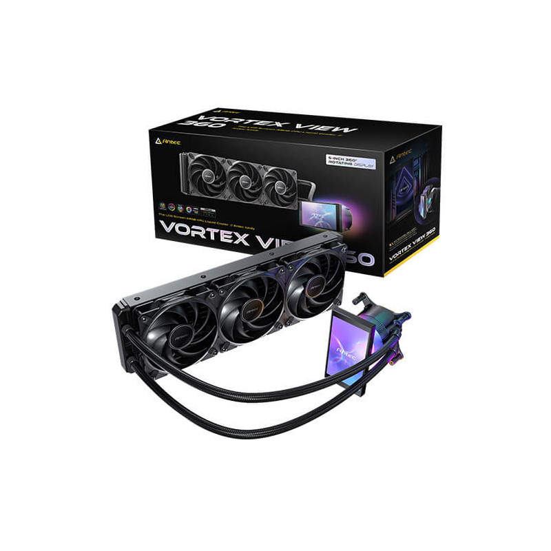 Antec Vortex View 360, 360mm AIO, Intel LGA115X/1200/1700/1851, AMD AM4/AM5, 3x120mm PWM fans, 2000 RPM, 59.23 CFM, ≤28.6 d