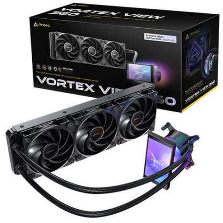 Antec Vortex View 360, 360mm AIO, Intel LGA115X/1200/1700/1851, AMD AM4/AM5, 3x120mm PWM fans, 2000 RPM, 59.23 CFM, ≤28.6 d