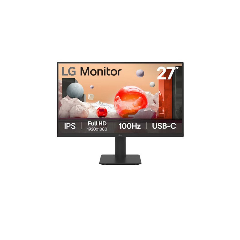LG 27' IPS Full HD monitor with USB-C, 1920x1080, 100Hz, 5ms, 65W PD, IPS, 3-side borderless, tilt/height stand