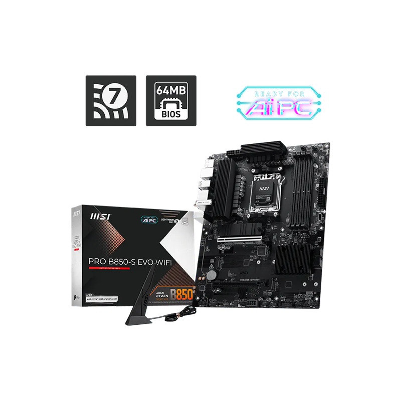 MSI PRO B850-S EVO WIFI, AMD B850, AM5, Ryzen 9000/8000/7000, 4xDDR5 256GB 8200 MT/s OC, PCIe 5.0 x16, 3xM.2, 5G LAN, Wi-Fi 7