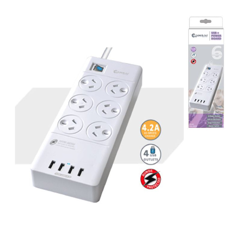 Sansai 6 Outlets & 4 USB Outlets Surge Protected Powerboard Master On/Off switch Surge and overload protected 230-240VAC IV R