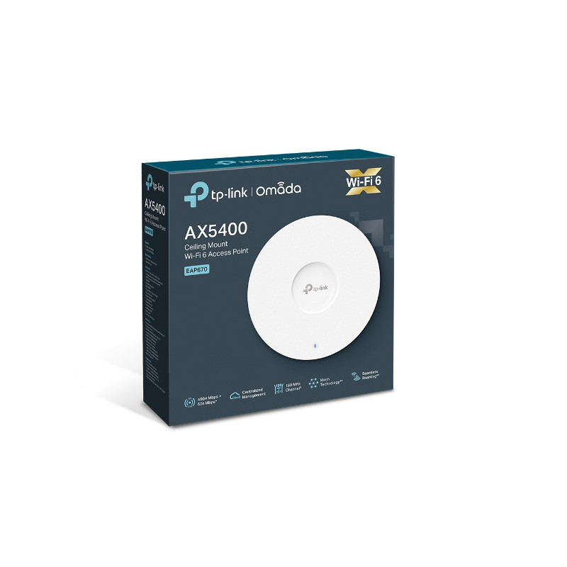 TP-Link EAP670 AX5400 Ceiling Mount WiFi 6 Access Point, 574 Mbps 2.4 GHz and 4804 Mbps 5 GHz, (RJ-45), Omada Cloud Managemen