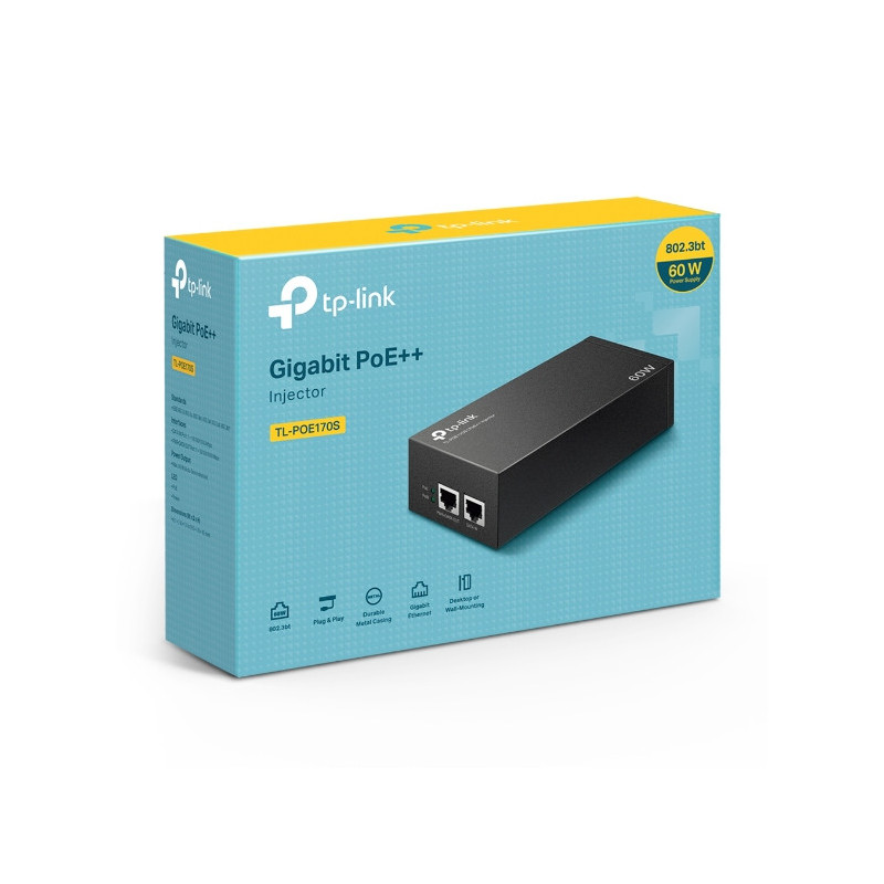 TP-Link TL-POE170S Omada PoE   Injector, 2 Gigabit Ports, 802.3af/at/bt, Integrated Power Supply, Wall Mountable, Plug & Play
