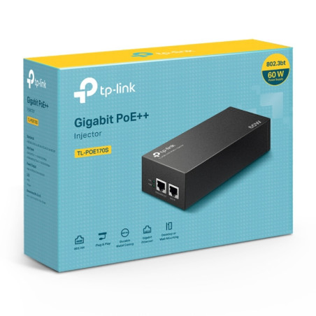 TP-Link TL-POE170S Omada PoE   Injector, 2 Gigabit Ports, 802.3af/at/bt, Integrated Power Supply, Wall Mountable, Plug & Play