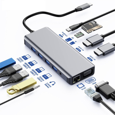 Astrotek USB-C Dock 12-in-1 Multiport Hub/Docking Station with 100W Power 2xHDMI 4K VGA GLAN 2xUSB3.0 2xUSB2.0 Card Reader fo