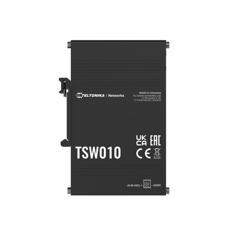 Teltonika TSW010 DIN Rail Ethernet Switch, 5x Ethernet Ports with speeds of up to 100 Mbps, Integrated DIN Rail Bracket, Plug