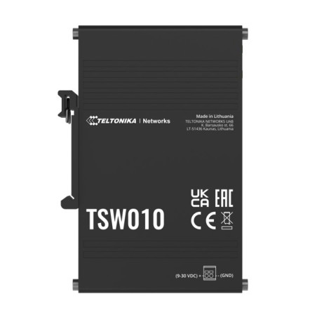 Teltonika TSW010 DIN Rail Ethernet Switch, 5x Ethernet Ports with speeds of up to 100 Mbps, Integrated DIN Rail Bracket, Plug