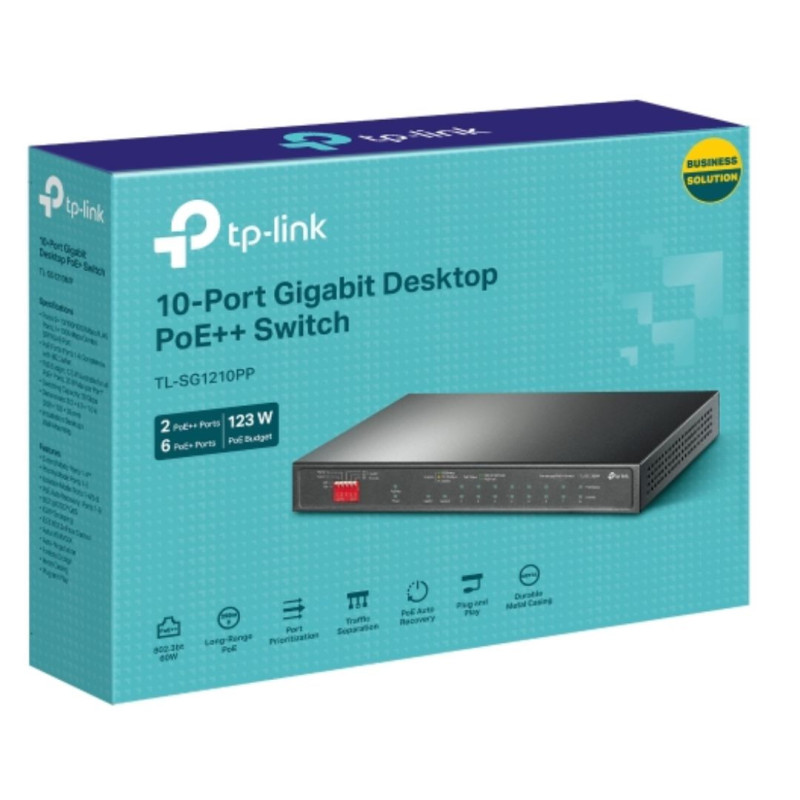 TP-Link TL-SG1210PP 10-Port Gigabit Desktop Switch with 6-Port PoE  and 2-Port PoE   , 9× 10/100/1000Mbps RJ45 Ports, 1× 10