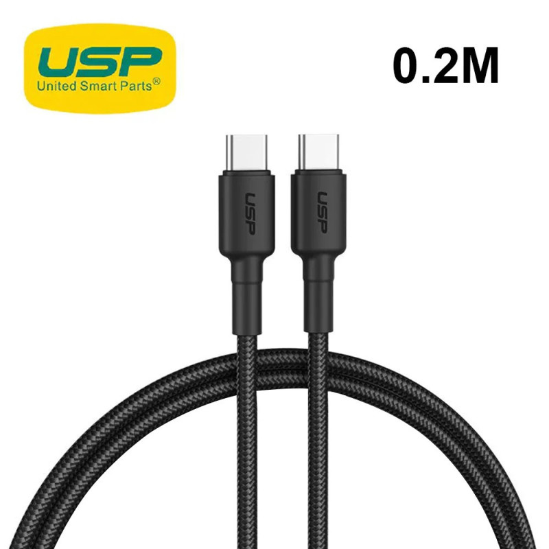 USP BoostUp Braided USB-C to USB-C Cable (0.2M) Black-3A/60W, Fast & Safe Charge,Samsung Galaxy,Apple iPhone,iPad,MacBook,Goo