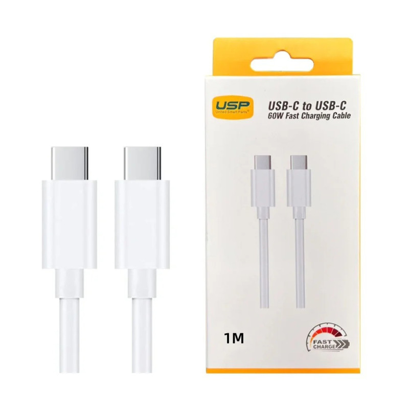 USP 60W USB-C to USB-C Mini Cable (1M) White - 3A , Fast Charge, High Performance, Samsung Galaxy,Apple iPhone,iPad,MacBook,G