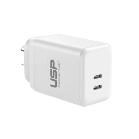 USP 45W Dual Port USB-C PD GaN Fast Wall Charger - White, Charge Two Device Simultaneously,Compact and Lightweight, 5 Years W