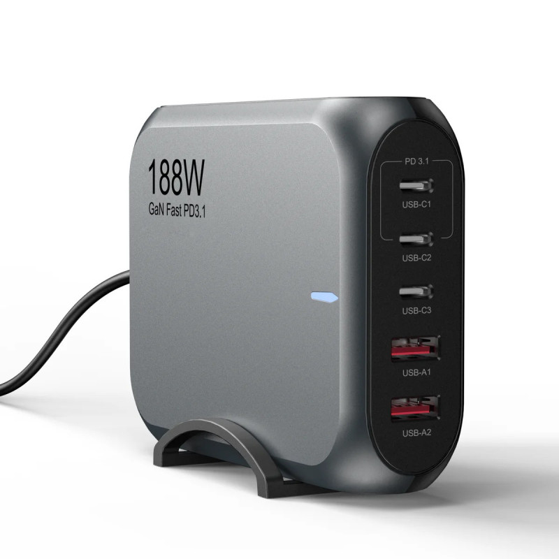 USP 188W GaN 5 Ports USB-C PD Laptop Wall Charger Black - 3x USB-C, 2x USB-A, Efficiently, High Quality, Tablet, Laptop, iPho