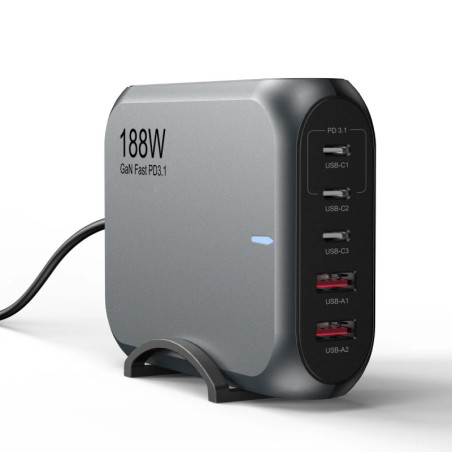 USP 188W GaN 5 Ports USB-C PD Laptop Wall Charger Black - 3x USB-C, 2x USB-A, Efficiently, High Quality, Tablet, Laptop, iPho