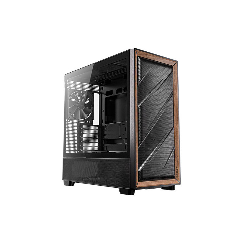 Antec Flux ATX, Black Premium Walnut Trim, 5x Black PWM Performance Fans. Ultra Cooling Design, ARGB Controller, Mid Tower Ca