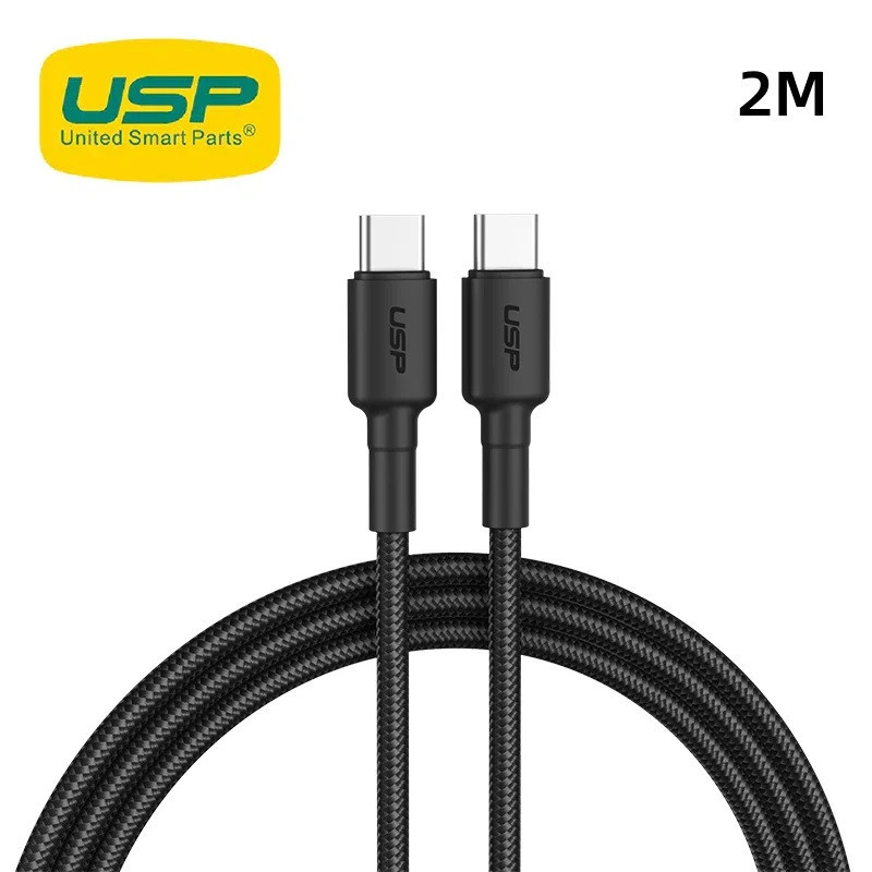 USP BoostUp Braided USB-C to USB-C Cable (2M) Black -3A/60W, Fast & Safe Charge,Samsung Galaxy,Apple iPhone,iPad,MacBook,Goog